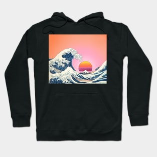 Retro Great Wave off Kanagawa with vintage rising sun and pastel sky Hoodie